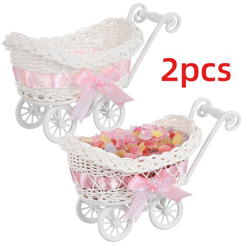 2Pcs/Cute Decorative Handmade Woven Basket, Imitation Rattan Storage Basket, Flower Basket, Wedding Handicraft Woven Basket Prop, Suitable For 2Pcs Pink