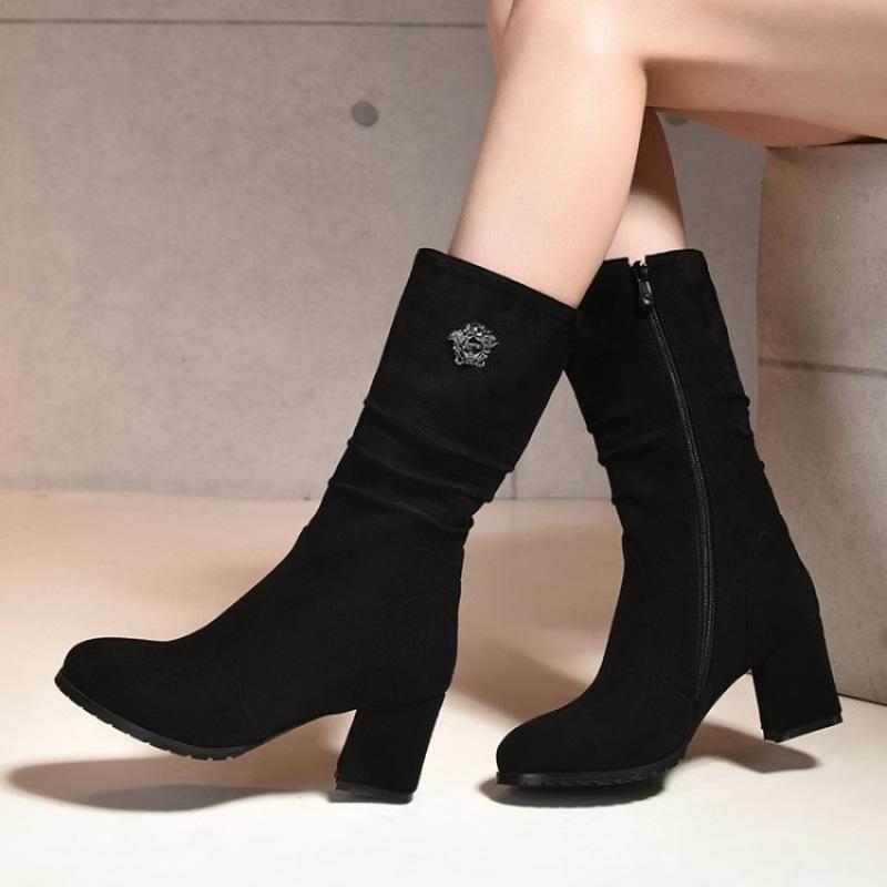 

Autumn and winter side zipper large size high boots women s rubber sole high heel women s boots square heel Korean version new fashion boots women s 39 чёрный