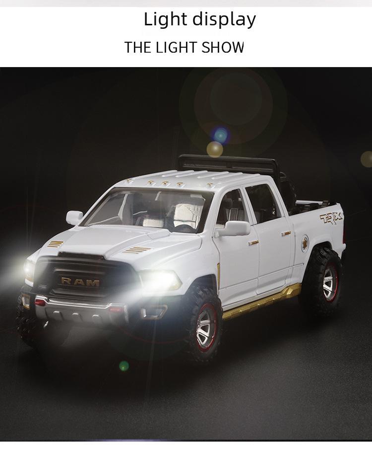 Boxed Dodge Ram TRX Pickup Truck Model: Alloy Simulation, Pull Back Toy with Spare Tire, Sound, and Light.