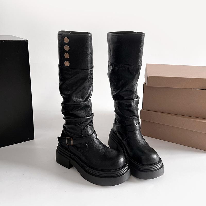 Autumn Winter Woman Knight Boots Concise Slip-On Thick Bottom Shoes Ladies Vintage Western Cowboy Botas De Mujer