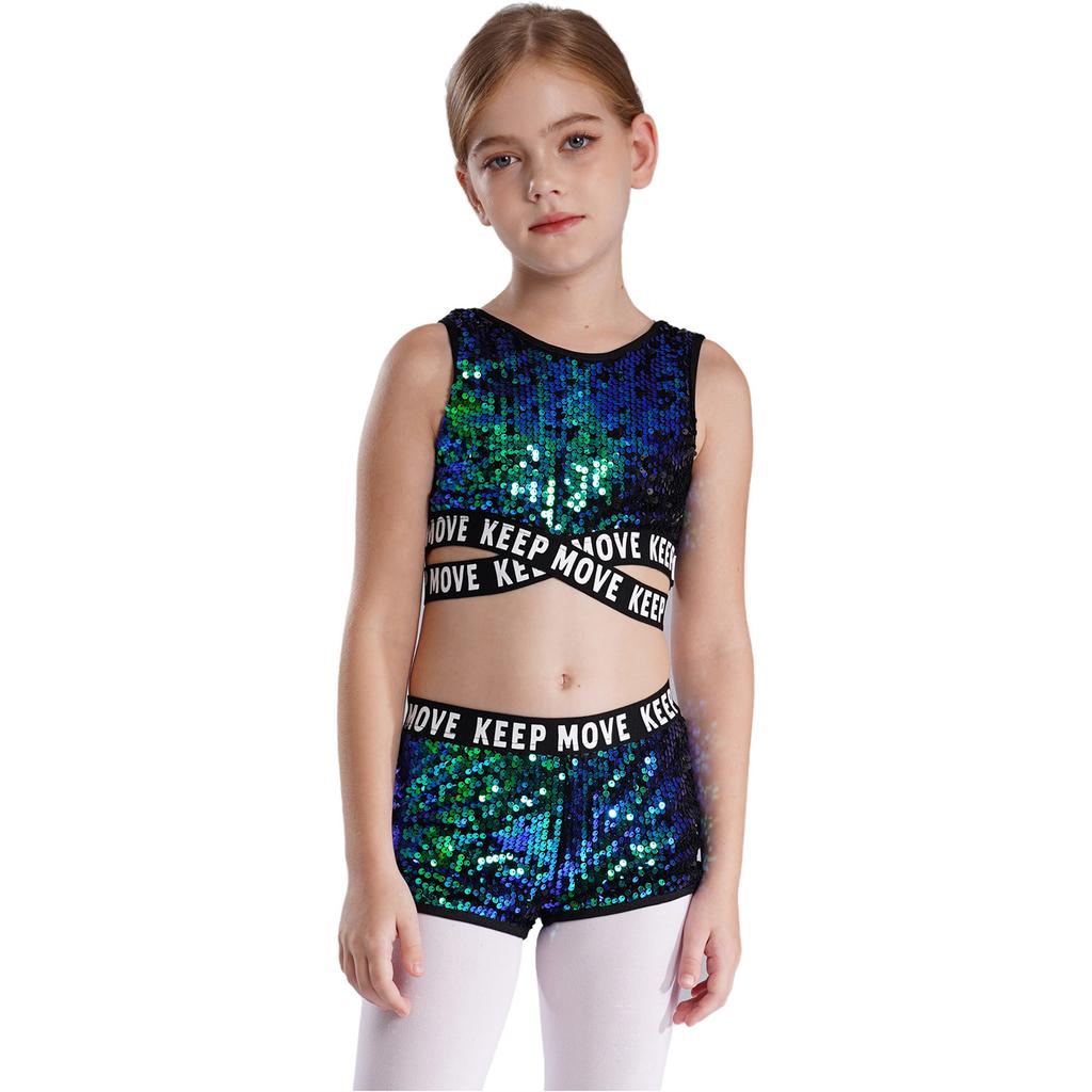 Kids Girls Sparkling Sequins Dance Clothes Set Sleeveless Criss Cross Straps Crop Top with Shorts