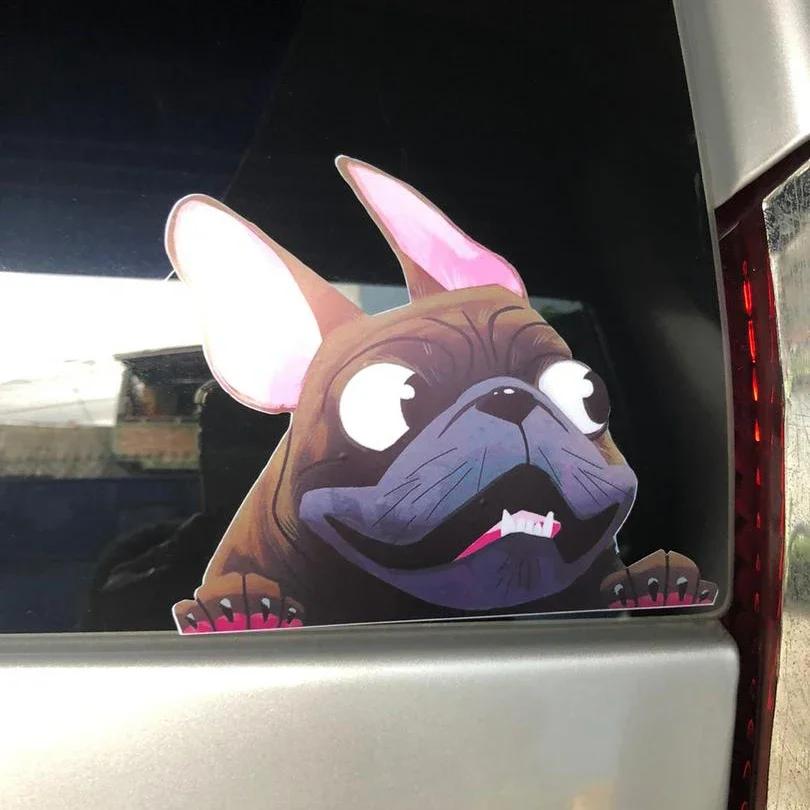 Styling auta kreslený pes samolepky francouzský buldoček vinylová samolepka na čelní sklo dekorace vodotěsné kreativní samolepky na auto dekorace 12*10 cm