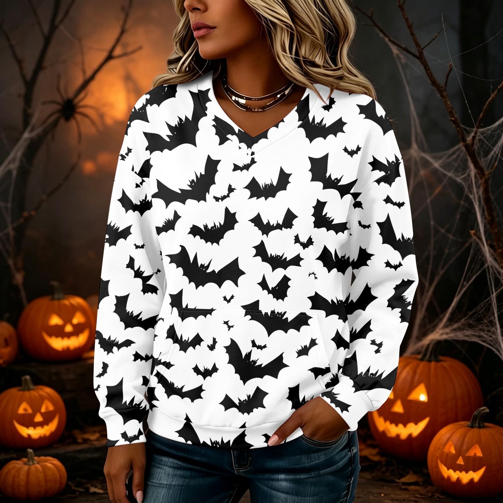 Women s Casual Halloween Print V-Neck Long Sleeve Lightweight Pullover Sweatshirt with Pockets S