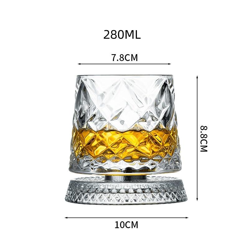 Rotatable Whiskey Glass with Base, Embossed Spinning Tumbler for Bar & Home
