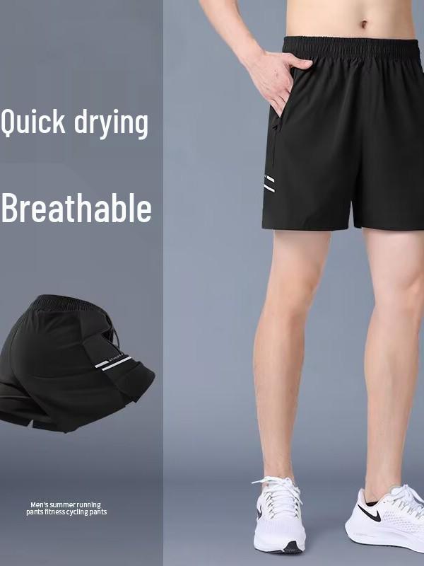 Men's Ice Silk Quick-Dry Fitness Shorts, Three-Quarter Length with Zipper Pockets