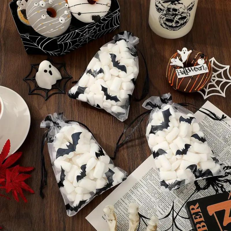 WTEMPO Halloween Organza Gauze Drawstring Bags Black Bat Pattern Design Mesh Gift Bags Holiday Festive Party Supplies