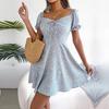 Women Spring Summer Casual Flared Sleeve Drawstring Lace-Up Floral Swing Dress S-6XL