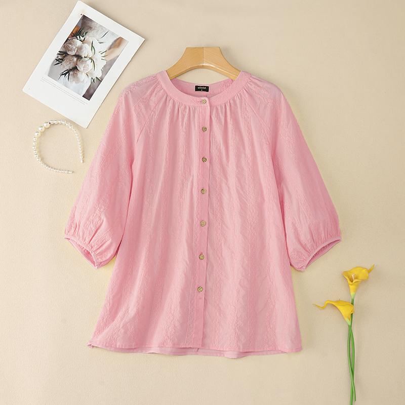 

VONDA Женская повседневная блузка с круглым вырезом, рукавами 3/4, пуговицами спереди, вышивкой, лоскутным узором и свободного кроя 2XL розовый