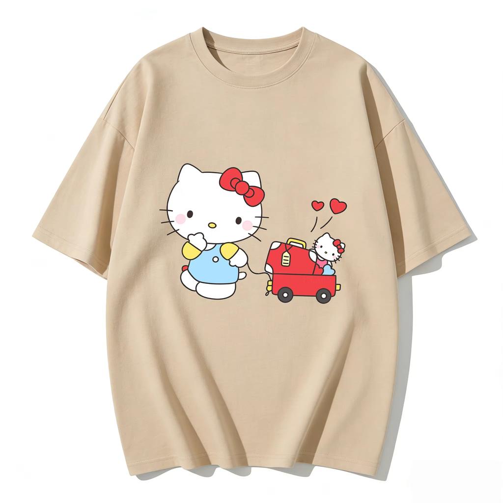 2026 Summer Hello Kitty Cartoon Printed Short Sleeve Pure Cotton Tshirt Womens Family Matching Outfits Classic Fashion Tee Top