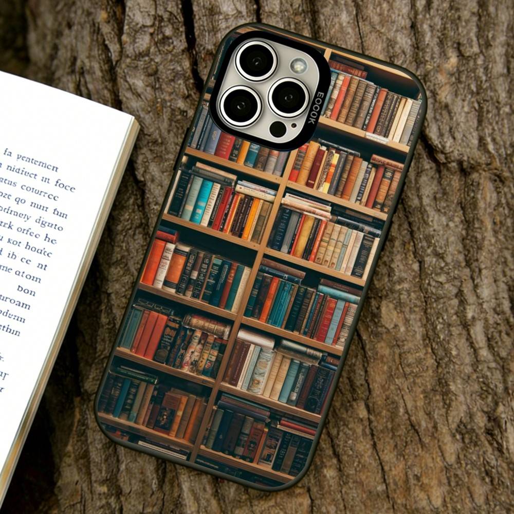 

Book Shelf Creative Pattern Phone Case For iPhone 17,16,15,14,13,12,11 Plus,Pro Max,XS,Colored Silver Plated Inside Cover iPhone14ProMax