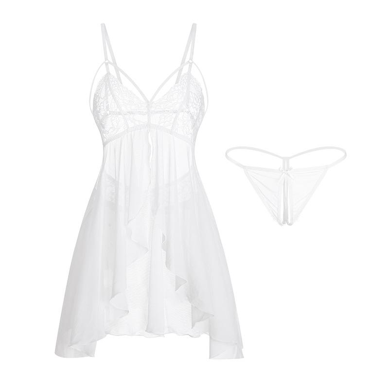 Women's Lace Sheer Mesh Backless Sleep Dress Costume Set