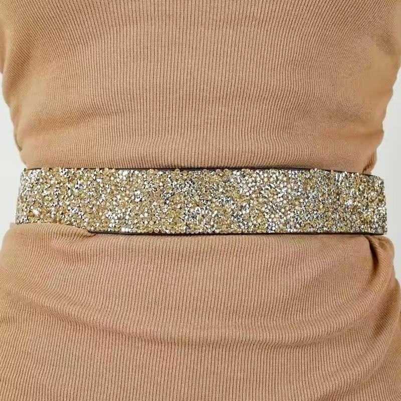1Pc Full Diamante Wide Women's Ladies Dress Imitation Leather Stretch Waistband Rhinestone Belt