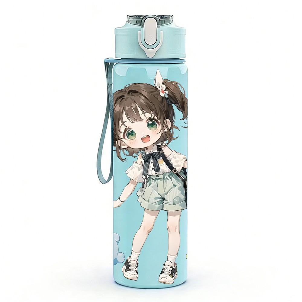 1PC Ponytail Girl Leaf Foliage Pattern 750ml Color Plastic Sports Water Bottle Leakproof Flip Straw Lid Suitable for Sports Office Home Use