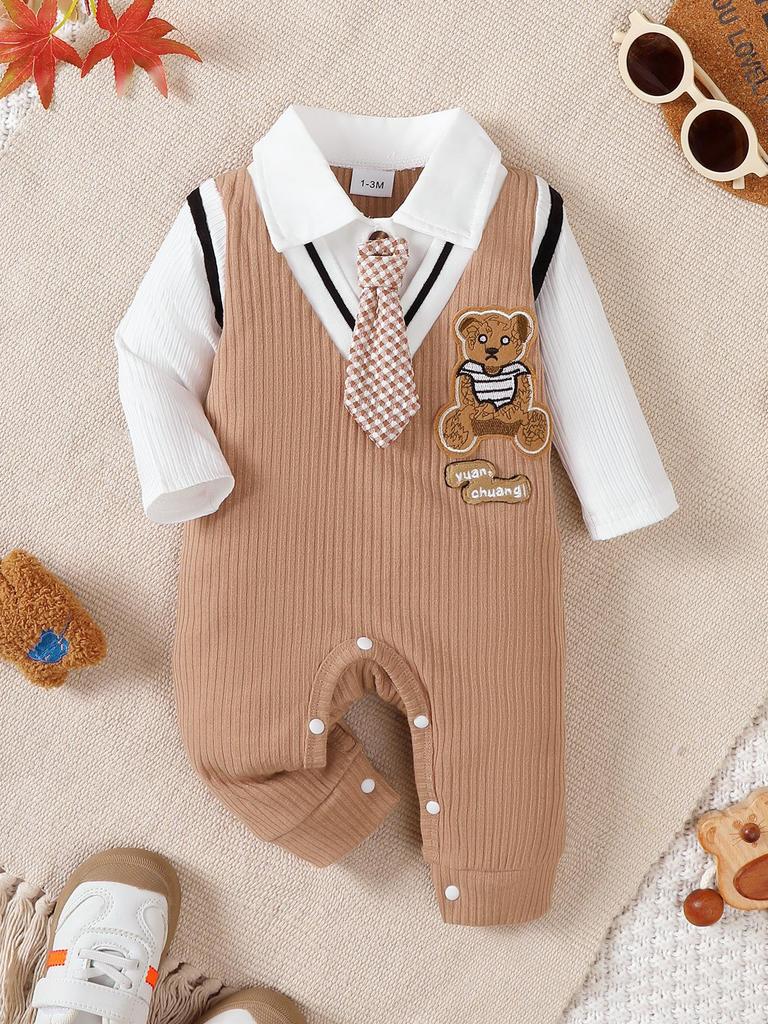 Babyjongen Kleine Meneer Jumpsuit Cartoon Teddybeer Lange mouwen Jumpsuit voor 0-18 Maanden Babyjongens Verjaardagsfeest Kostuums