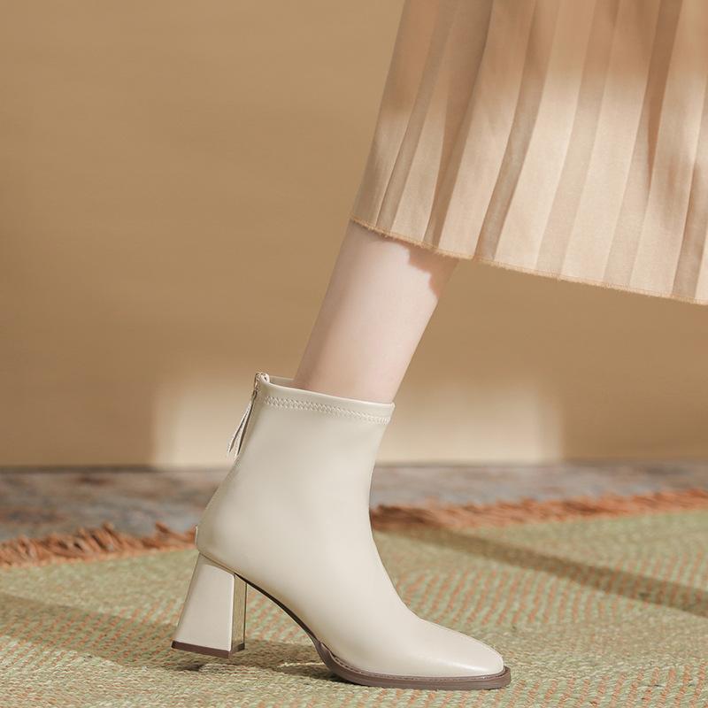 M259-1 New Women's Boots Brown Soft Leather Coarse Heel Short Boots Children's Skinny Boots Medium High Heel Ankle and Naked