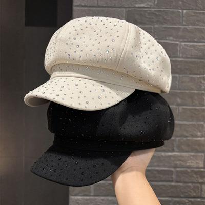 Heavy Industry Rhinestone Octagonal Hat Small Autumn and Winter Travel Elegant Temperament Versatile Duck Tongue Beret