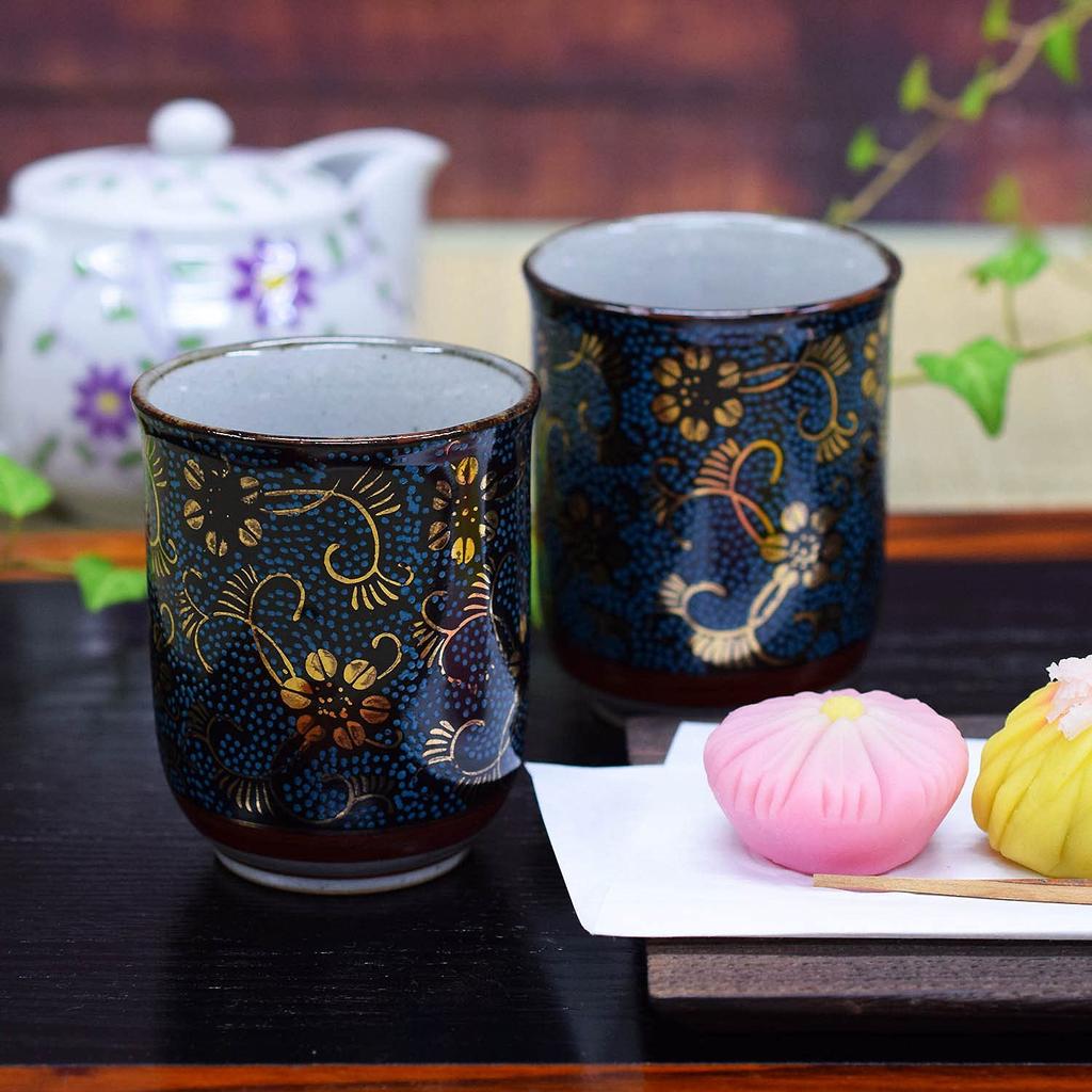 Waza no Kura Stylish Pair of Kutani Ware Teacups - Blue Grain Clematis Design - Ceramic Brand - Japanese Tableware - Made in Japan - Perfect Gift for
