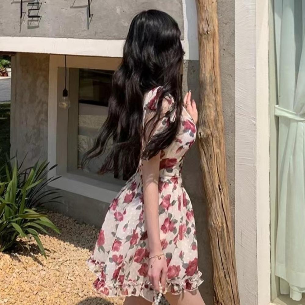 Ruffle Floral Dress Women Rose Sling Strap Sundress French Style Mini Sleeveless Dress Lolita