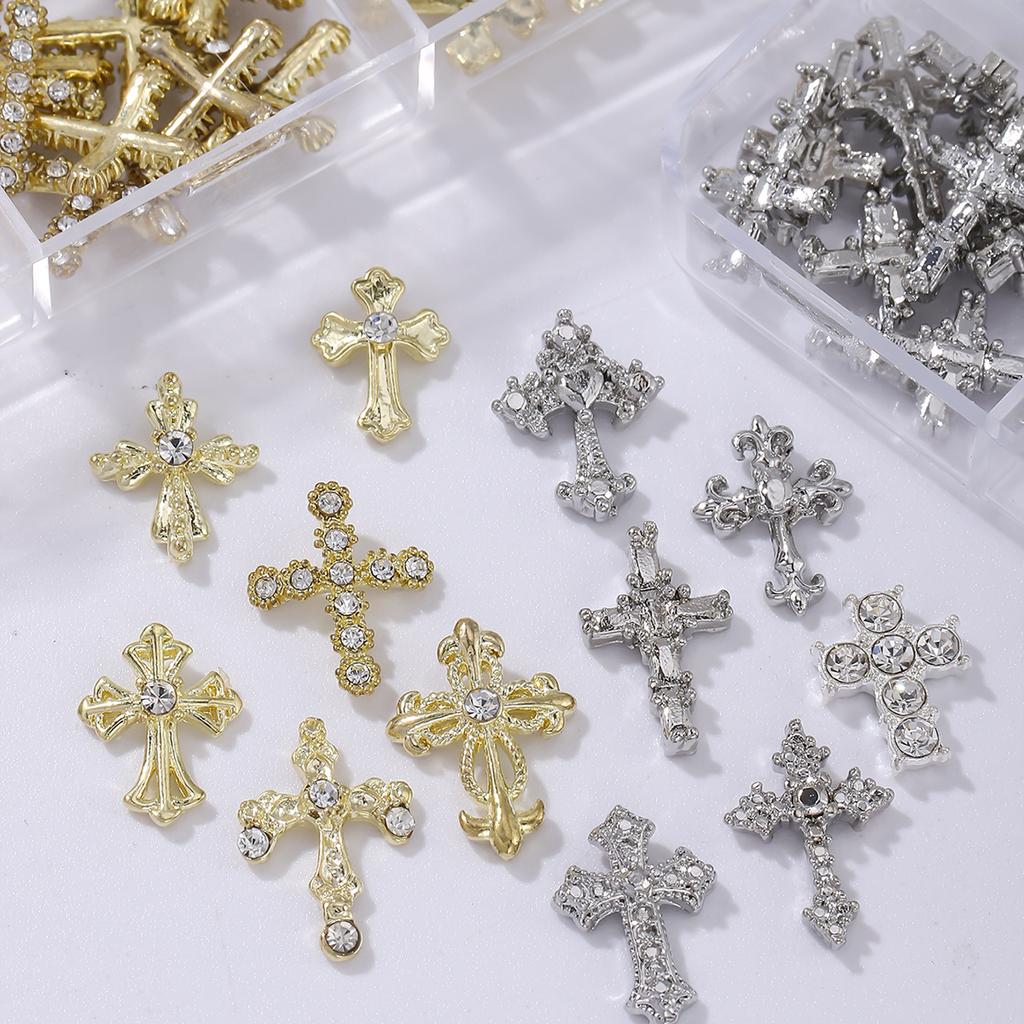 30 Pcs Gold and Silver Punk Wind Vintage Cross Nail Decoration, Alloy Rhinestone, Y2k Metal Style DIY Styling Decoration