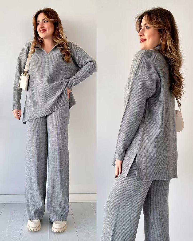 Autumn and Winter Fashion Solid Color Loose Hem Split Knitted Sweater Two-piece Set Women