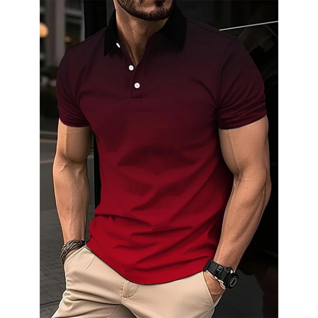 Men's Fashion Gradient Color Shirt Polo Lapel Golf Shirt Short-sleeved Printed Button Clothing