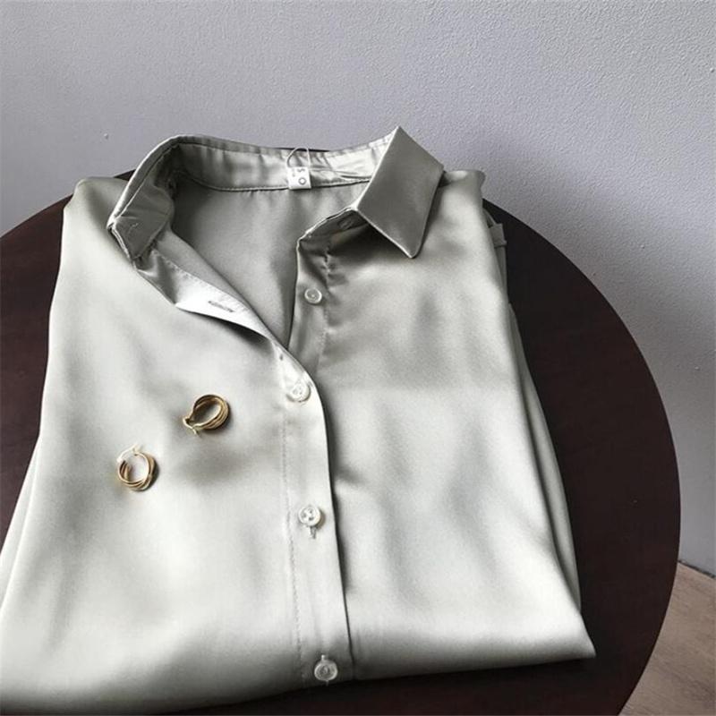 Jaro podzim klopa saténové halenky jednobarevná bílá černá košile s dlouhým rukávem dámská zelená halenka do kanceláře Módní top