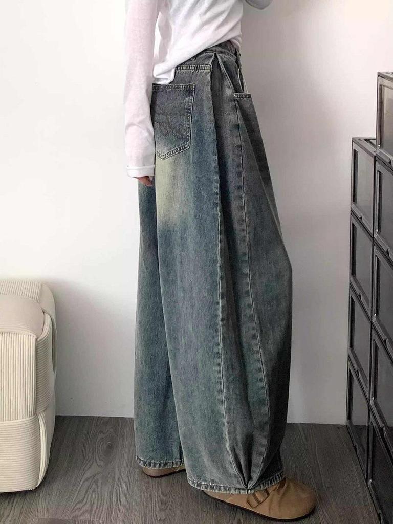 Women's Designer High-Waisted Pleated Wide-Leg Jeans - Summer Retro Washed Drapey Floor-Length Style