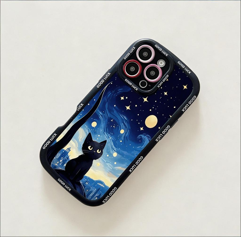 Starry Night Black Cat Pattern Phone Case for Samsung S25 S24 S23 S22 S21 S20 FE Ultra Plus 5G Silicone Cover