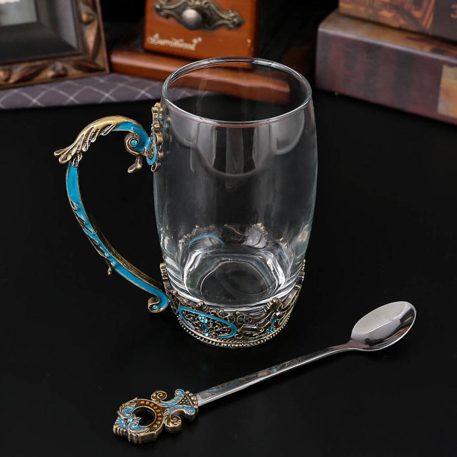 Europäische Glas Kaffeetasse hoher Wert leicht zu reinigen Kaffeetasse mit Henkel Löffel hitzebeständige Tasse Retro Blume Teetasse