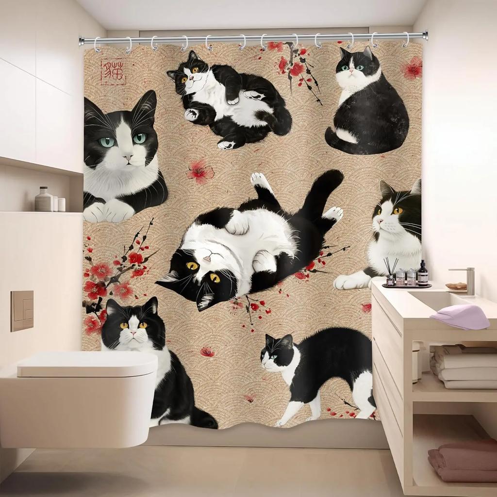 Japanische Kirschkatze Duschvorhang Schwarz Weiß Rot Niedliches Tier Wasserdicht Polyester Badezimmer Zuhause Dekorative Abdeckung mit Haken