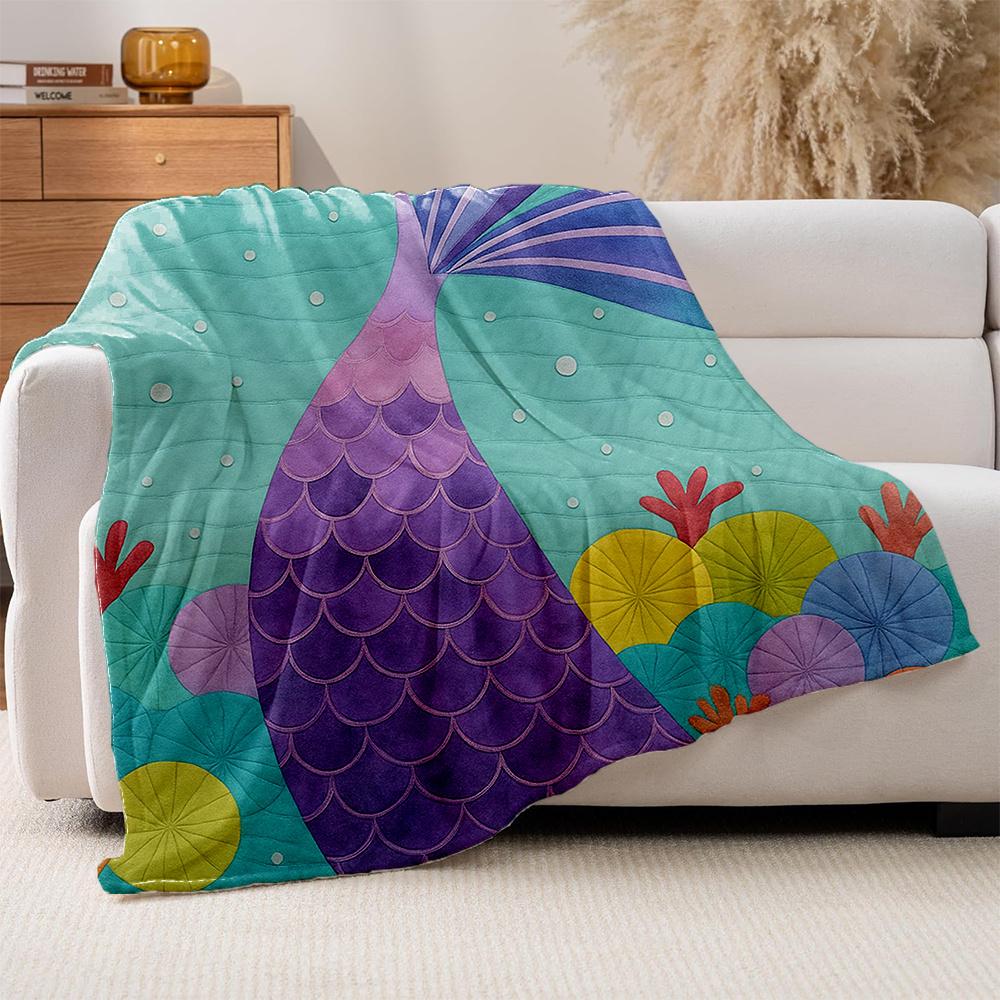 1 stuks Turquoise Blauw & Paars Zeemeerminstaart Pluche Deken - Zachte Gewatteerde Flanellen Sprei met Glinsterende Schubben, Alle Seizoenen
