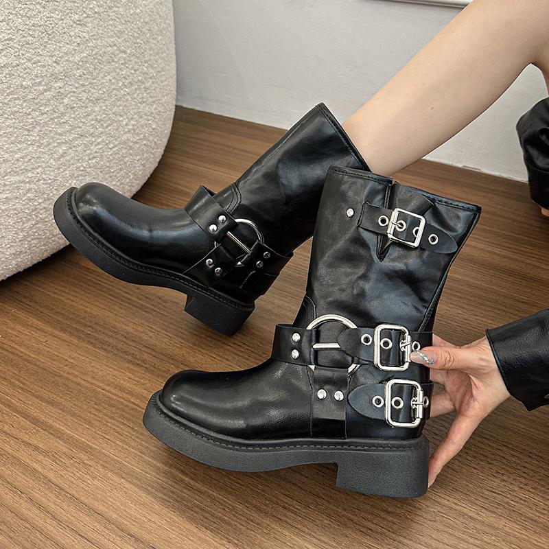 Metal Belt Buckle Skinny Short Boots Women's Spring New Explosive Retro Round Toe Sleeve Versatile Block Heel Mid-leg Boots