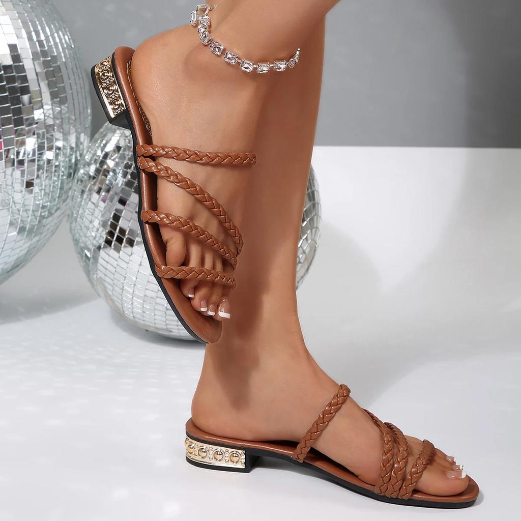 Women Woven Flat Slippers Casual Summer Open Toe Slippers Comfortable Sandals Cross Band Roman Beach Shoes Slides Women