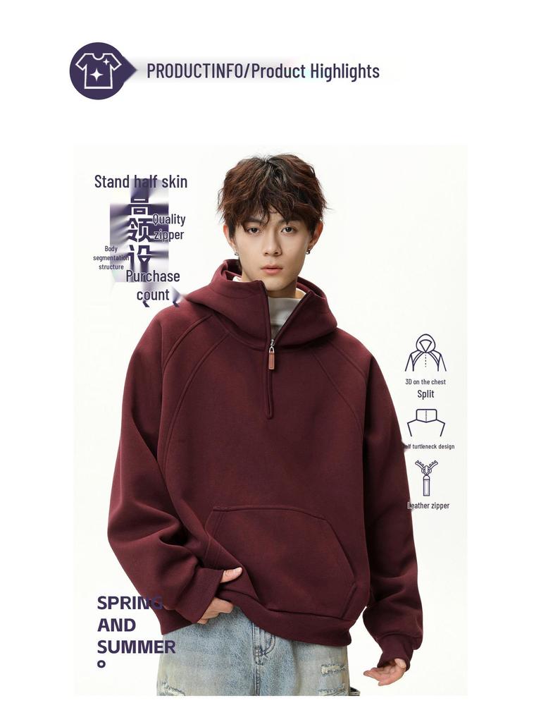 Unisex Heavyweight Half-Zip Hoodie with 3D Panel & Stand-up Collar for Autumn/Winter