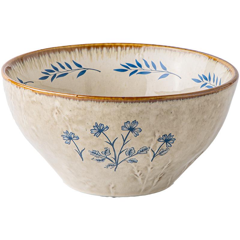 Retro Style 7-Inch Relief Ceramic Ramen Bowl High-Footed Soup Bowl Eating Noodles Large Bowl Instant Noodles Mixing Bowl Outlet