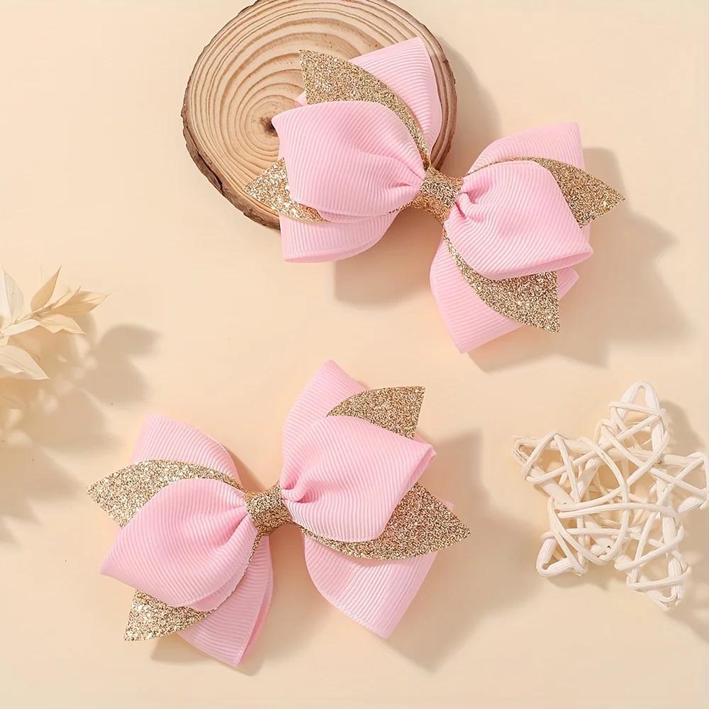 2Pcs Double Layer Glitter Bow Hair Clips for Girls Cute Grosgrain Ribbon Hair Accessories Children's Hairpins Bowknot Headwear