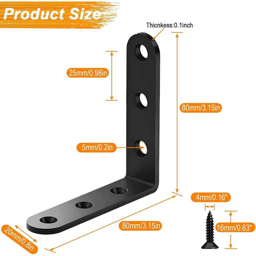 10Pcs Black Heavy Duty L Bracket 3.15 Inch, Stainless Steel 90° Right Angle Shelf Support with Screws for Floating Shelf Cabinet