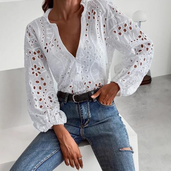 Women Shirt V-Neck Lantern Long Sleeve Single Breasted Shirt Tops Ruffle Details Hollow Design Casual Shirt