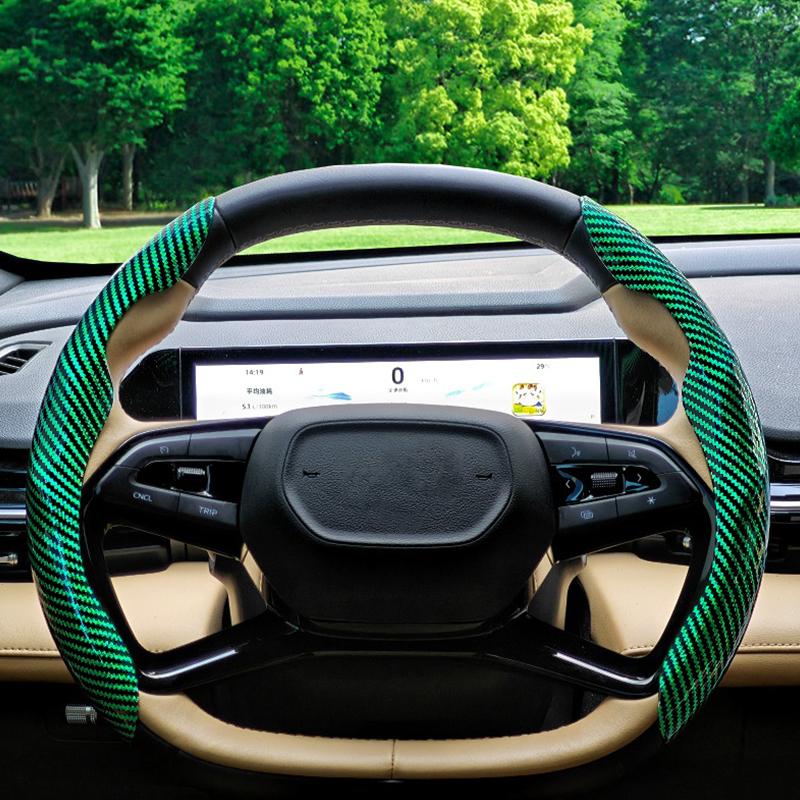 2 Pezzi Coprivolante Auto in Fibra di Carbonio Laser 38cm Antiscivolo Copri Carta Manopola Booster Volante Auto Copertura Protettiva