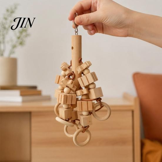 Wood Blocks Parrot Toy Toy, Bird Chew with Wooden Rings, Chewable Toys Biting Hanging Cage Accessory for Parakeet Conure Cockatiel