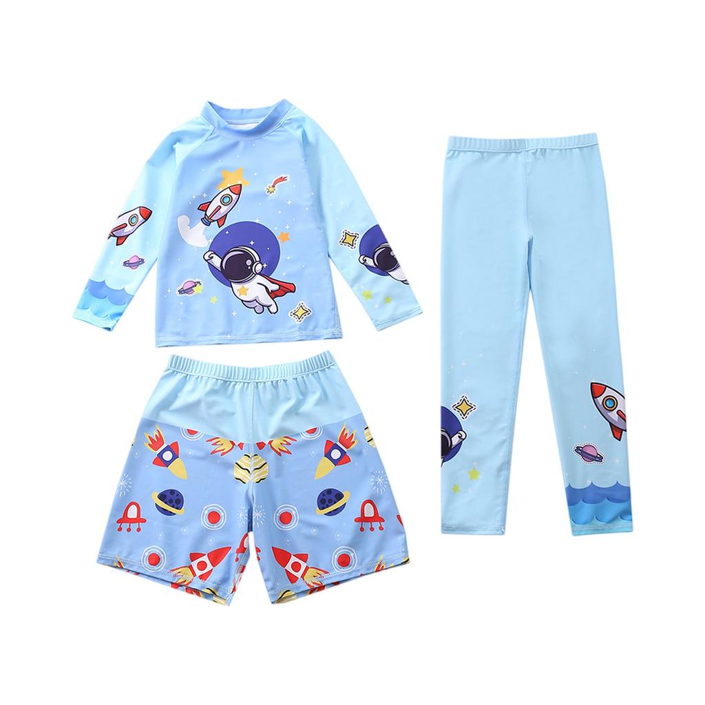 Dreiteiliges Jungen-Badebekleidungsset Langarm-Rashguard Badeshirt Badeshorts und Badehosen Cartoon-Print Leicht Schnelltrocknend