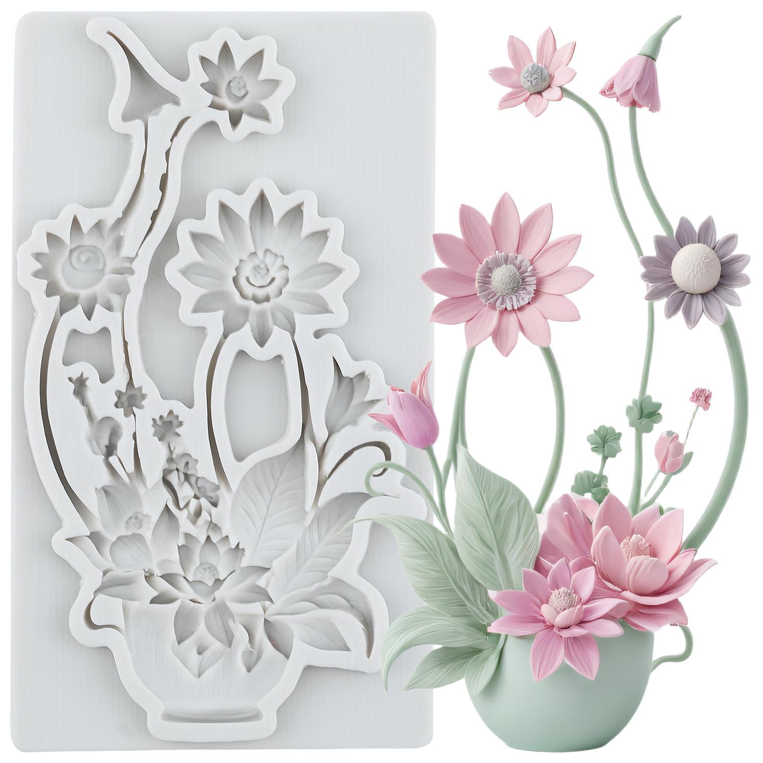 

Flower Vase Silicone Molds Lotus Rose Daisy Flower Fondant Mold Relief Flower Mold Cake Decorating Tools Cupcake Topper Candy Chocolate Gumpaste Mold серый