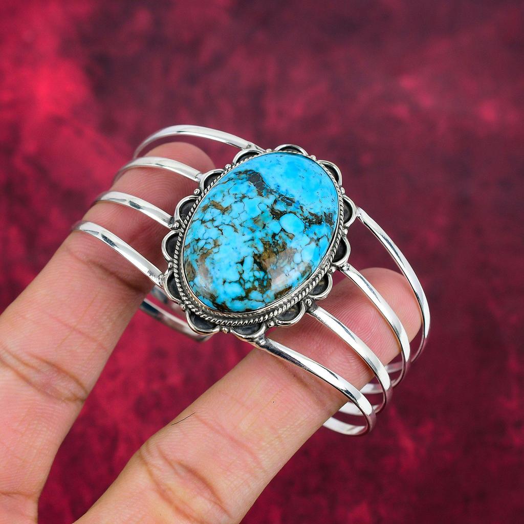 Blue Turquoise Handmade Gemstone Bangle, 925 Solid Sterling Silver Antique Jewelry Bangle, For Engagement Gift