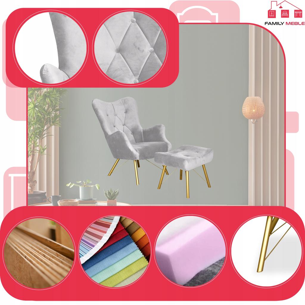 Scandinavian Armchair Luna with Footrest, Pouffe, Button, Family Meble, Grey Velvet