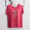 Women's Plus Size Floral Embroidered Chiffon Blouse V-neck Short Sleeve Casual Top for Middle-aged Ladies