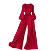 Puff Sleeves V-neck Lace-up Waist-Tight Pleated Jumpsuit