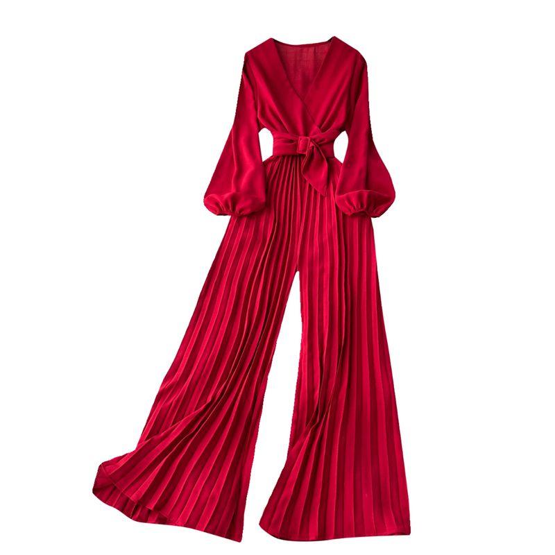 Puff Sleeves V-neck Lace-up Waist-Tight Pleated Jumpsuit