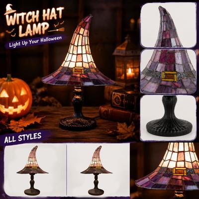 USB Plug Witch Hat Lamp Table Light Decorative Halloween Themed Stained Glass Style Accent Lighting for Indoor Use
