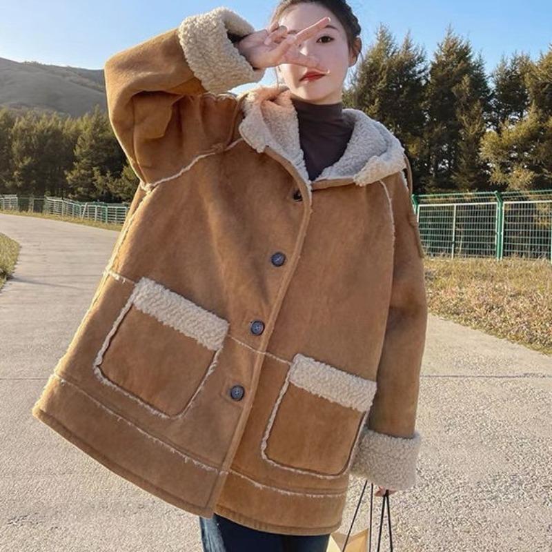 Imitation suede fur integrated lamb fur coat women's winter new velvet thickened hooded cotton clothes