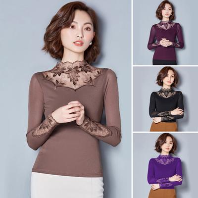 Women Bottoming Tops Half High Collar Embroidery Leaf Pattern Long Sleeve Tops Commuter Style Blouse